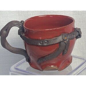 Rare Rhea 2015 Red Mug Cup Pottery With Iron Metal Wrapped Country Western Rodeo